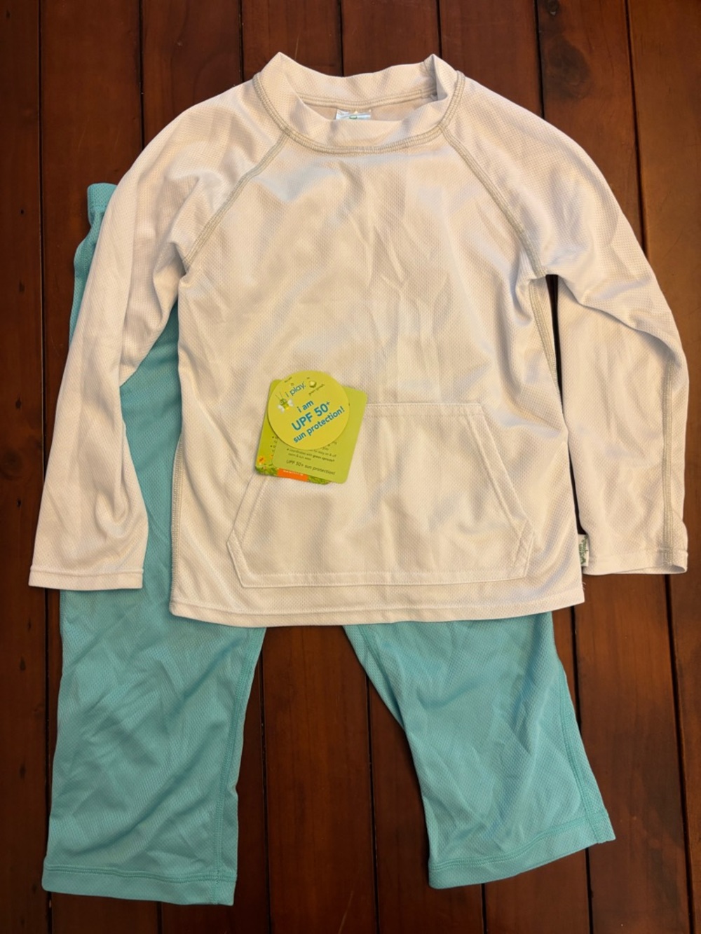 Kids UPF 50+ Long Sleeve Rash Guard Set in White and Aqua